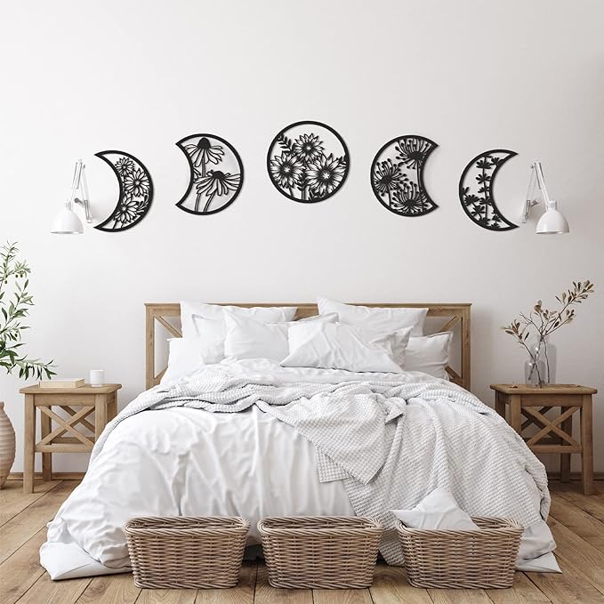 Jetec 5 Pcs Moon Phase Wall Art Decor Wall Pediments Hanging Wooden Phase Spiritual Bedroom Nordic Boho Lunar Aesthetic Art for Living Room Dorm Apartment Ornament (Black,10.6 Inch,Flower)