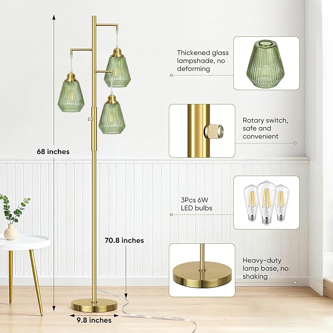 QiMH Glass Floor Lamps for Living Room, Tree Standing Lamp with Stepless Dimmable, 68" Modern Tall Lamps for Bedroom Home Office, Rotary Switch, 3 LED Bulb Included, Brushed Gold