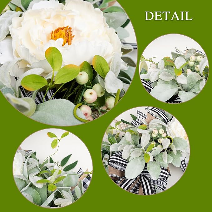 Lambs Ear Wreaths for Front Door Year Round Outside, 20'' Artificial Spring Summer Wreath with Peony Buffalo Bow Green Handmade Farmhouse Home Decor