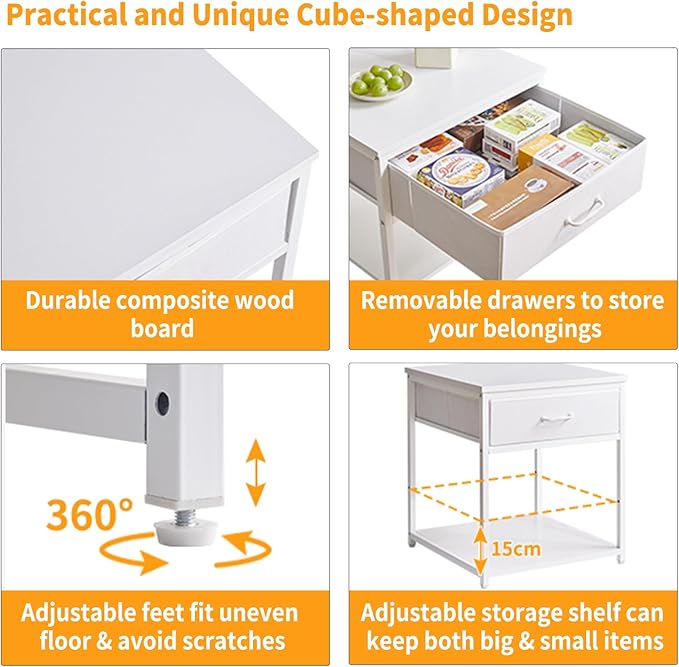 Living Room Large Side Table, End Table with Drawers, Refrigerator Stand Printer Table with Adjustable Shelves, Office Square Coffee Table White YD-TM156W