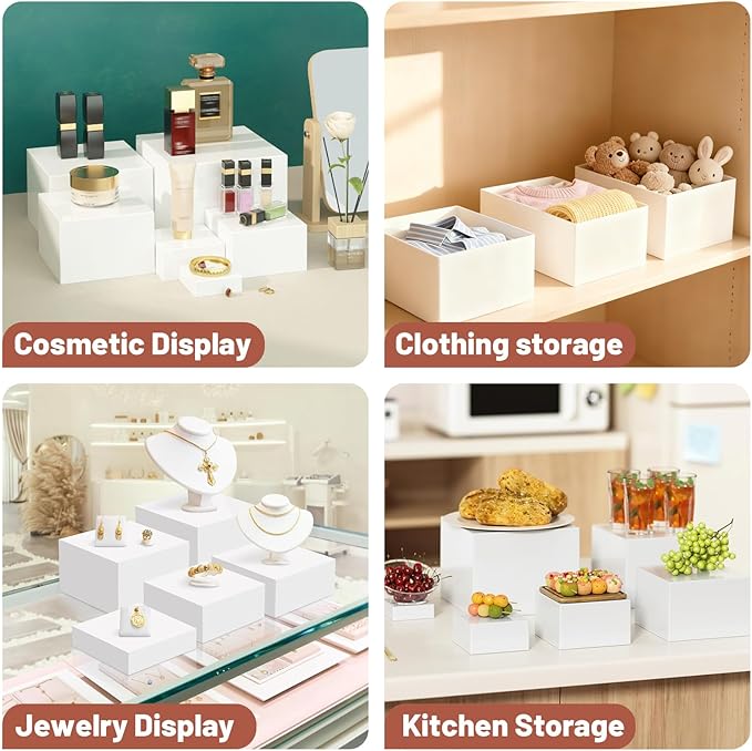 6Pcs Buffet Risers with Mini Sign and Maker, Acrylic Food Risers for Buffet Table, White Food Display Stands for Party, Collectibles Jewelry Display Stand, Acrylic Boxes Nesting Risers(10",9",8",7",6",5")