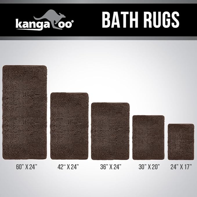 KANGAROO Bathroom Rugs, Chenille Soft Absorbent Bath Rug, Shaggy Shower Mat, Quick Dry Machine Wash Bathmat, Plush Carpet Mats for Tub, Bathtub and Room Home Decor Accessories, 36x24, Brown