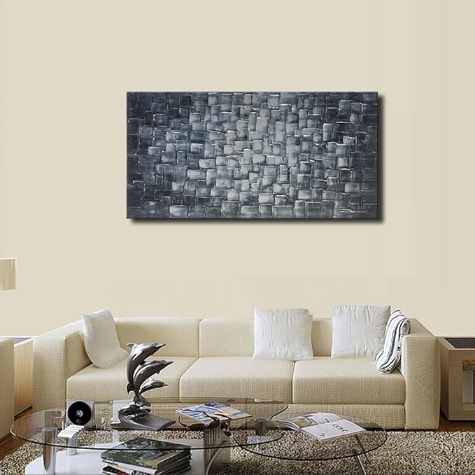 MyArton Textured Abstract Squares Canvas Wall Art Hand Painted Modern Silver Oil Painting Picture for Home Decoration Ready to Hang 40x20inch