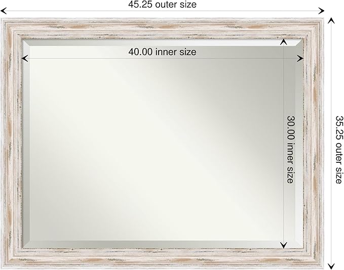 Amanti Art White Wall Mirror 35x45 Alexandria White Wash Rectangle Bathroom Mirror for Wall Decor Living Room, X-Large Cottage Wood Frame, Hangs Horizonally and Vertically, Bathroom Decor, Beveled