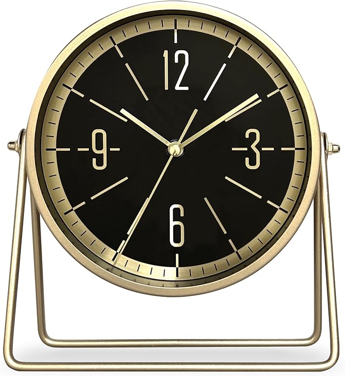 QIYAODECO® Vintage Metal Desk Clock for Bedroom, with Adjustable Angle Ticking Small Battery Operated Mantel Bedside Clock, Decorative Table Old Fashioned Style Black Decor Adult Kid Gift,Gold Black