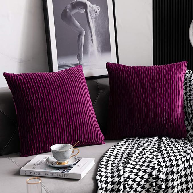 22x22 Purple Throw Pillow Cases: 2 Pack Original Striped Velvet Square Decorative Pillow Covers for Farmhouse Couch