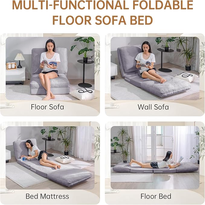 Bean Bag Chairs for Adults,Folding Sofa Bed,Floor Couch Bed, Foam Filling Fold Floor Mattress with Washable Soft Faux Fur Cover, Leisure Floor Couch for Bedroom Living Room(Cream,Single)