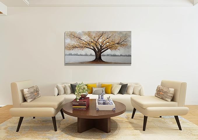 Alenoss 3D Modern Oil Painting on Canvas 24x48, Large Abstract Textured Tree Paintings Canvas Wall Art Home Decorations Framed Wall Art Pictures for Bedroom Living Room Wall Decor
