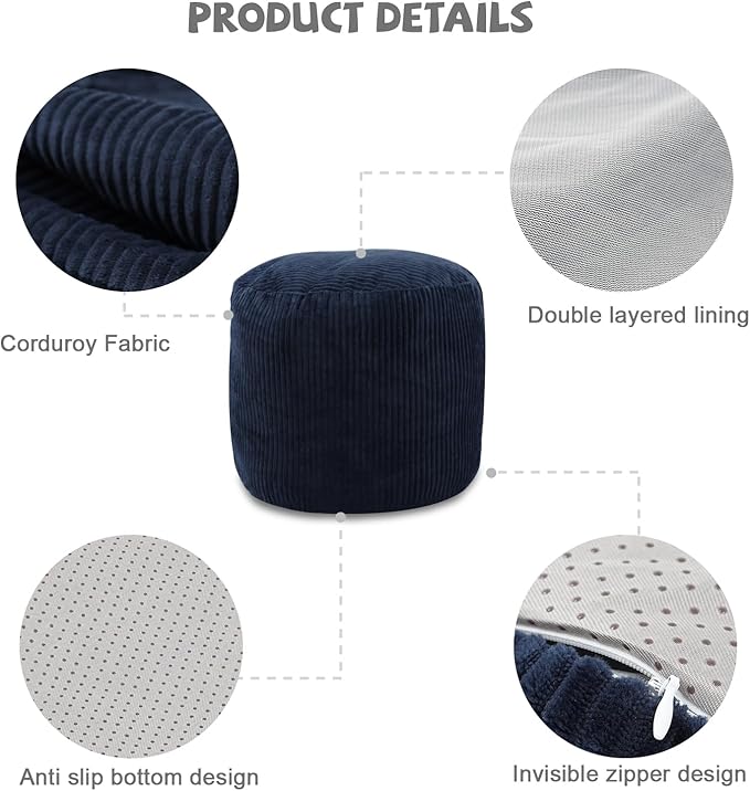 Sexysamba Round Corduroy Pouf Cover Only, 20"x 16" Unstuffed Decorative Ottoman Foot Stool Rest, Washable Storage Bean Bag Chair Floor Pouf Covers for Living Room Bedroom, Navy Blue
