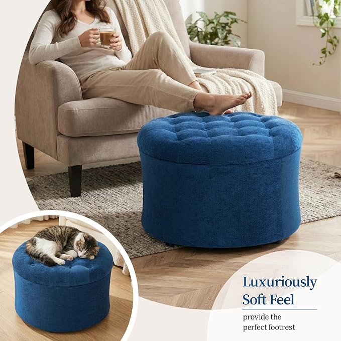 ONBRILL 25" Ottoman with Storage, Round Pouf Ottoman Foot Rest, Small Storage Foot Stool for Couch Bedroom Living Room, Books, Blankets & Kid's Toy Box, Load up to 220 lbs, Blue