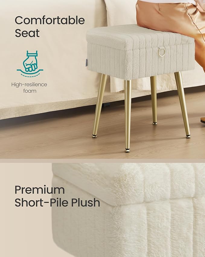 SONGMICS Vanity Stool Chair with Storage, Makeup Stool, Footrest Footstool Ottoman+H6:H29, Metal Legs, Adjustable Feet, for Living Room, Bedroom, Makeup Room, Cappuccino Beige ULOM505LZ02