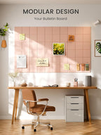 Bumusty Large Felt Bulletin Board, 48" x 36" Cork Board Alternative, 12-Pack Wall Tiles with 4-Compartment Design, 30 Push Pins, 70 Adhesive Tabs, Ideal for Office & Home Decor, Pink