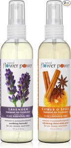 Natural Flower Power Air Freshener Spray - Odor Eliminator with Essential Oils for the Home, Car & Fabric - Cruelty Free & Vegan - 2 Pack with Lavender and Citrus & Spice - 2 x 4 oz