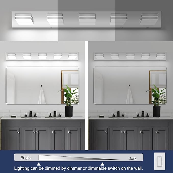 Bathroom Vanity Lighting Fixtures Over Mirror (5-Light, 40-Inch) Dimmable Modern LED Bathroom Wall Lighting Fixtures, Chrome(3000K/3500K/4000K/5000K/6000K)