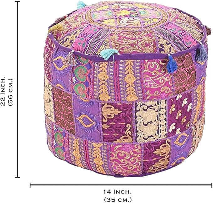 Aakriti Gallery Indian Pouf Footstool Ethnic Embroidered Pouf Cover, Indian Cotton Round Pouffe Ottoman Pouf Cover Pillow Ethnic Decor Art - Cover Only (Purple, 22x14)