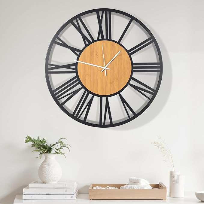 24'' Extra Large Farmhouse Wall Clock, Vintage Wall Clock with Metal Frame for Living Room, Dining Room, Bedroom, Office Decor. (Wooden Centre)
