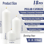 18 Pcs White Pillar Candles Bulk Set，2x3 2x6 2x8 Inch - 12 Each Size，Hurricane Candles，Dripless Unscented Smokeless，Gives You a Better Atmosphere When Organizing an Event Party.