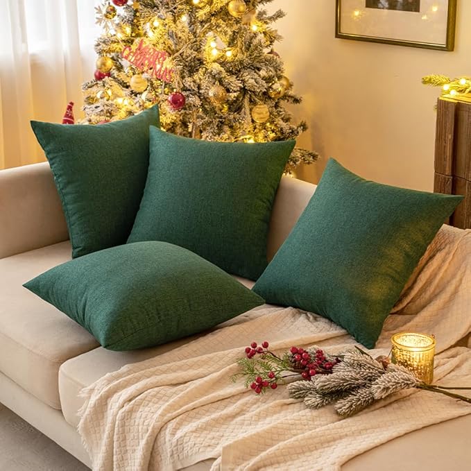 MIULEE Pack of 2 Decorative Outdoor Solid Waterproof Throw Pillow Covers Christmas Faux Linen Garden Farmhouse Cushion Cases for Patio Tent Balcony Couch Sofa 18x18 Inch Emerald Green