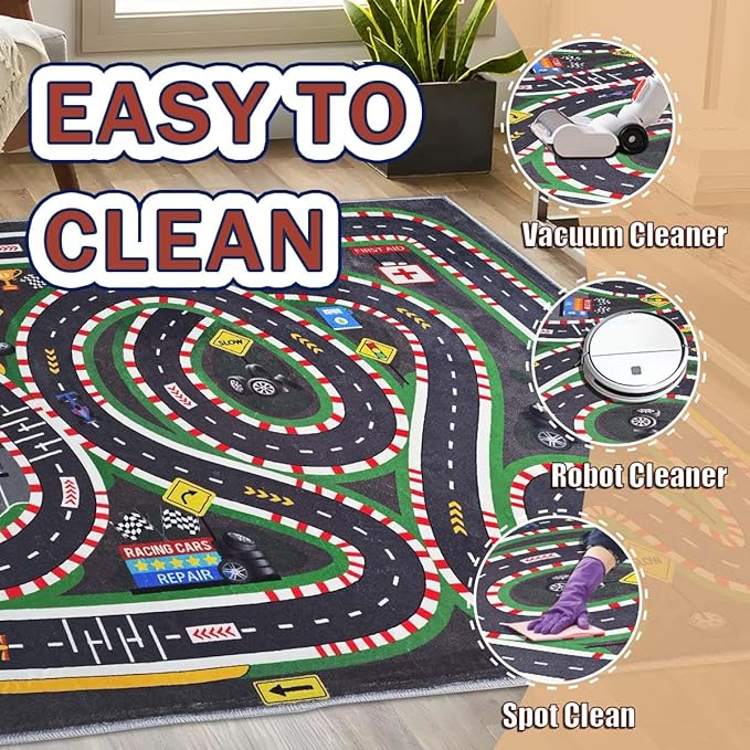 Kids Rug,Children's Room Rug,Road Race Play Rugs, Rail City Living Rugs, Washable Non-Slip Play Mats. (Grey, 31x47in)