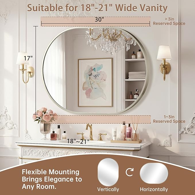 Brushed Nickel Mirror, 17"x30" Oval Bathroom Mirror, Oval Mirror with Brushed Metal Frame, Wall Mount Mirrors Decor for Bathroom, Bedroom, Entryway (Hangs Horizontally or Vertically)
