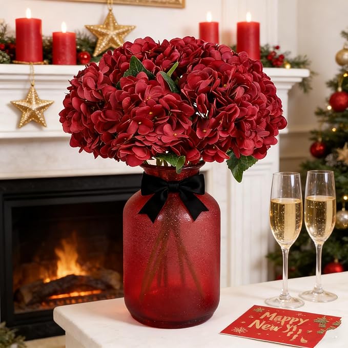 Kimura's Cabin 6Pcs Burgundy Fake Hydrangea Flowers Artificial Silk Hydrangeas Flowers with Stems Hydrangea Bouquets for Home Wedding Baby Shower Birthday Party Decoration （Dark Red）
