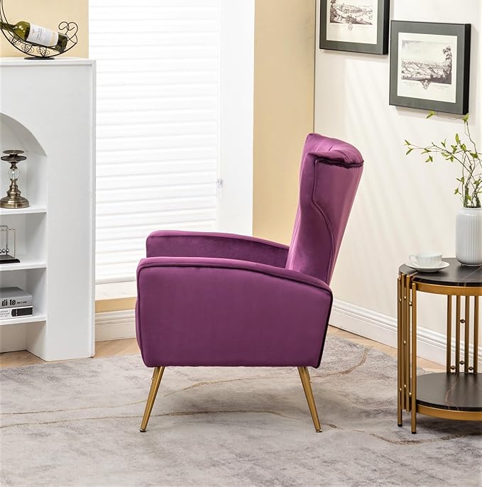 Modern Velvet Accent Chair, Channel Tufted Bedroom, Office or Living Room Furniture with Elegant Metal Legs, 26" Wide Armchair, Purple