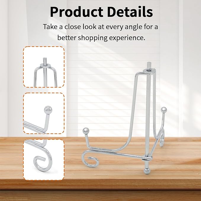 Iron Plate Stands for Display,Foldable Book Holder & Easel Stand for Sign, Versatile Poster Stand and Small Plate Stand for Home Decor, Art, Photo Frame, Card, Crystal Display (Silver, 6 inch (4Pcs))