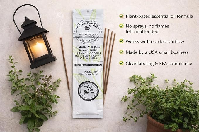 Farm Raised Candles Mintronella Citronella & Peppermint Mosquito Repellent Incense Sticks – 100 Pack – USA‑Made Natural Bug & Insect Repellent – Outdoor Camping, Patio Decor – No‑See‑Um & Gnats, Fly's