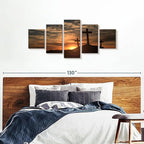 Elephant Stock Cross Silhouettes Wall Art Multi Piece Canvas - 5 Panel Christian Pictures Decor - Digital Design Canvas Print - Christian Wall Decor - 80" X 36"