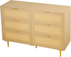 VEVOR Rattan Dresser 6 Drawer, 47.2'' Wide Boho Wood Dresser, Double Dresser Chest of Drawers with Golden Handles and Legs, TV Stand Dresser for Bedroom, Living Room, Entryway, Hallway, Natural Oak