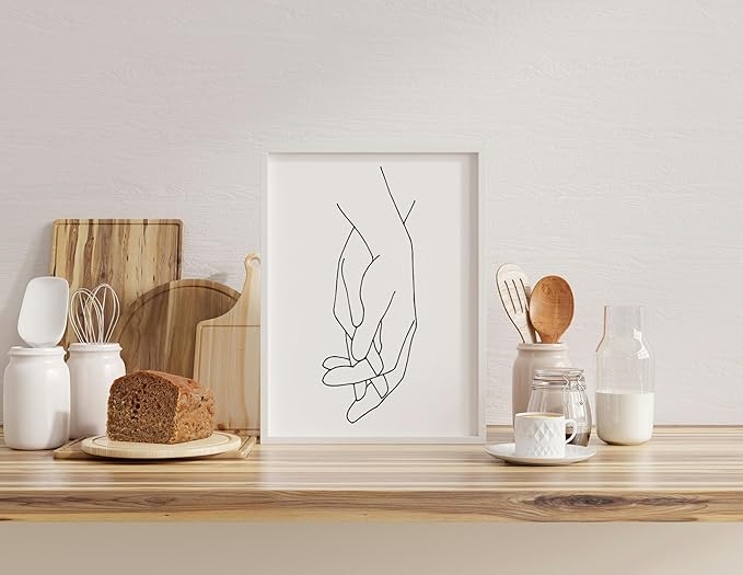 Holding Hands Wall Art Interlocking Fingers Connection Continuous Line Drawing 11x14 Inch Oak Wood White Framed Modern Minimalist Unity Print for Bedroom