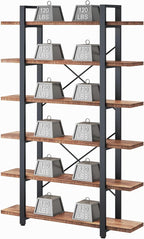 HSH 6 Tier Solid Wood Bookshelf, Industrial Wood and Metal Tall Large Etagere Bookcase and Storage Shelves, Rustic Open Natural Real Wooden Book Shelf for Bedroom Living Room, Distressed Brown