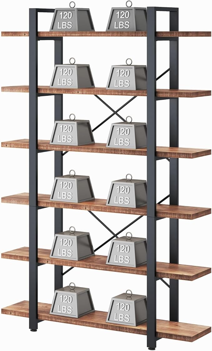 HSH 6 Tier Solid Wood Bookshelf, Industrial Wood and Metal Tall Large Etagere Bookcase and Storage Shelves, Rustic Open Natural Real Wooden Book Shelf for Bedroom Living Room, Distressed Brown