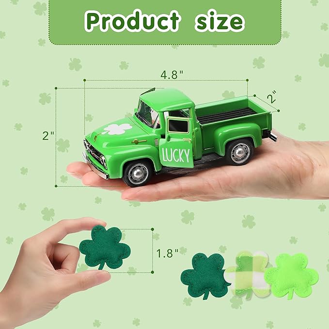 St. Patrick's Day Decorations for Home - Decor for Tiered Tray Metal Farm Truck with 3 Shamrocks Saint Patricks Day Vintage Diecast Pickup Truck Model for Shelf Table Centerpiece Décor 4.8inch