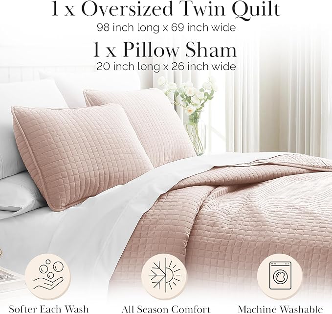 Southshore Fine Living, Inc. Twin Quilt Bedding Set, Stitched Soft Brushed Microfiber Blush Pink Quilt, Twin Coverlet Bedspread, Wrinkle & Pet Hair Resistant Bedding, Easy Care, 1 Pillow Sham, Blush