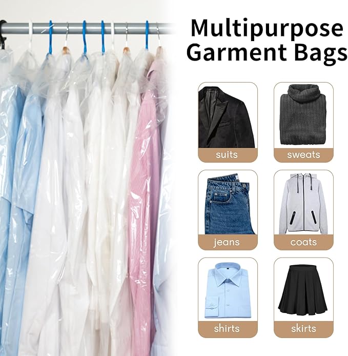 20 PCS 60 Inch Plastic Garment Bag, Dry Cleaner Bags Laundry Bags, Clear Hanging Clothing Covers for Long Dresses Skirt Coat Suit Shirt Jacket