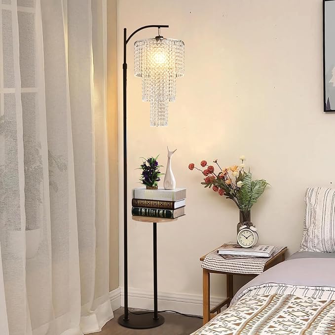 Arc Floor Lamp with Table and Shelves,Crystal Floor Lamps for Living Room,Dimmable Elegant Modern LED Floor Standing Lamp with Remote Control & 10 Colors,Black Adjustable Tall Lamp For Bedroom Corner