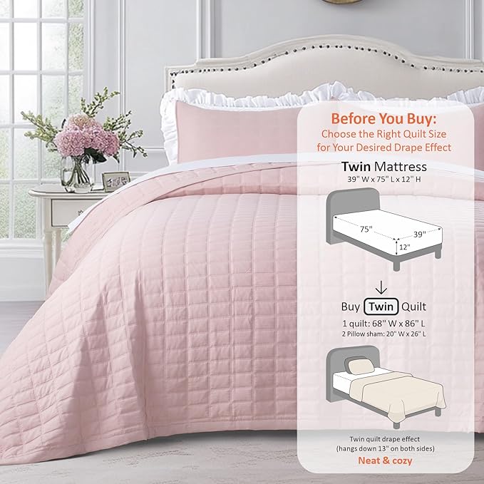 KASENTEX Twin Quilt Set 68"x86" – Soft Washed 3-Layer Lightweight Bedspread, Minimalist Nordic Design, All-Season Spring & Summer Quilt Set (1 Quilt + 2 Pillow Shams), Blush Pink
