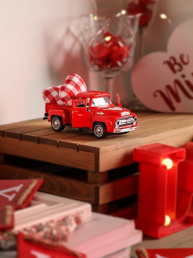 Valentine's Day Metal Farm Truck Tiered Tray Decor, Fall Farmhouse Vintage Diecast Truck Decor Model with Heart for Home Décor 4.8inch (Red)