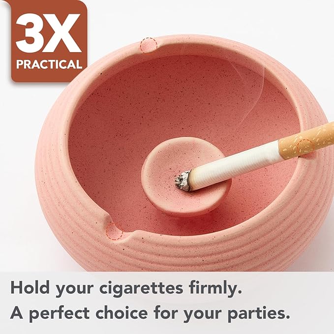Ashtray with Lid for Outside Patio, Windproof Ash tray, Ceramic Smokeless Ashtray for Outdoor Home Office Tabletop Patio Outdoor Balcony, Pink