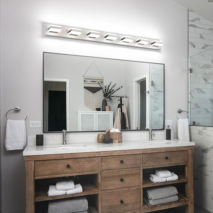SOLFART Bathroom Vanity Lighting Over Mirror,7 Lights Brushed Nickel Vanity Light, Modern LED Light Fixtures,53 Inch for Bathroom
