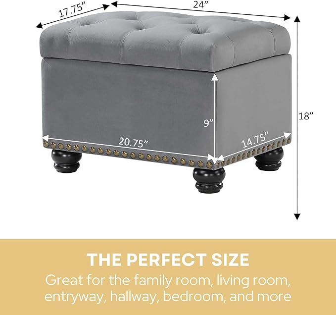 Convenience Concepts Designs4Comfort 5th Avenue Storage Ottoman 24" - Contemporary Foot Stool and Seat with Hinged Lid for Living Room, Dining Room, Office, Den, Gray Velvet
