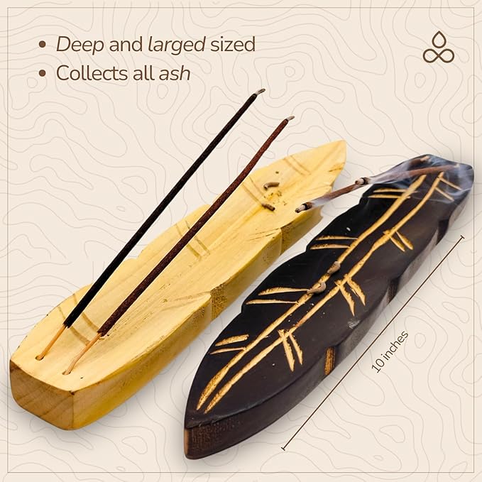 Handmade Wooden Incense Holder - Pack of 2 Incense Holder for Sticks | Double Coloured Leaf Shaped Insence Trays | Natural Mango Wood Insence Holder for Relaxation and Meditation (10 Inch)