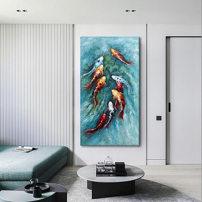 zoinart Oil Painting on Canvas Vertical Wall Art 24x48 Inches 3D Nine Fishes Modern Style Abstract Wall Paintings Hand-Painted Fish Artwork Home Decorations Ready to Hang