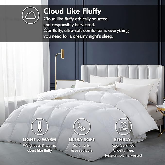 Luxurious White Solid Heavy Weight, Queen Size Goose Feathers Down Comforter for Winter Weather Duvet Insert, Premium Baffle Box, 100% Egyptian Cotton Cover, 65 oz. Fill Weight