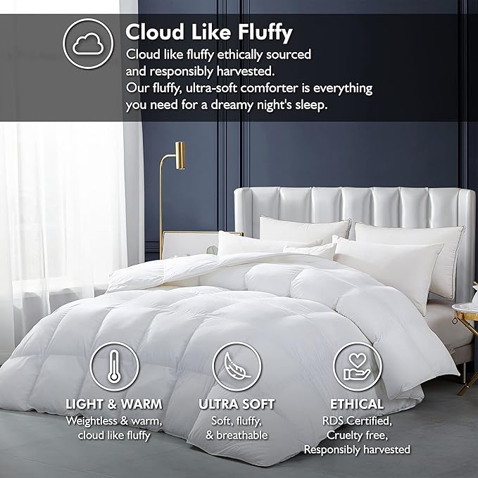 Luxurious White Solid Heavy Weight, Twin Size Goose Feathers Down Comforter for Winter Weather Duvet Insert, Premium Baffle Box, 100% Egyptian Cotton Cover, 60 oz. Fill Weight