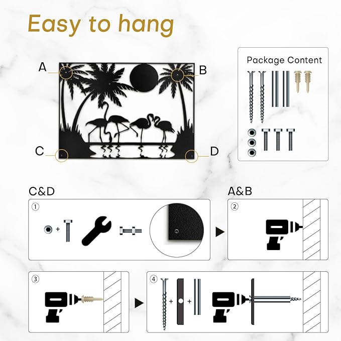 SIGNLEADER Metal Wall Art Moonlit Flamingos and Palm TreesDecor Modern Abstract Wall Sculpture Hangings Home Decoration for Living Room, Bedroom, Bathroom, Kitchen, Outdoor - 30" Black