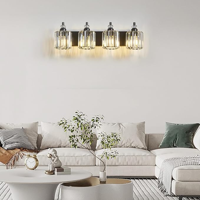 4-Light Black Bathroom Light Fixtures Over Mirror Modern Vanity Lights Crystal Wall Sconce Vintage Bathroom Lighting with Crystal Shade E26 Base for Bedroom, Living Room, Hallway