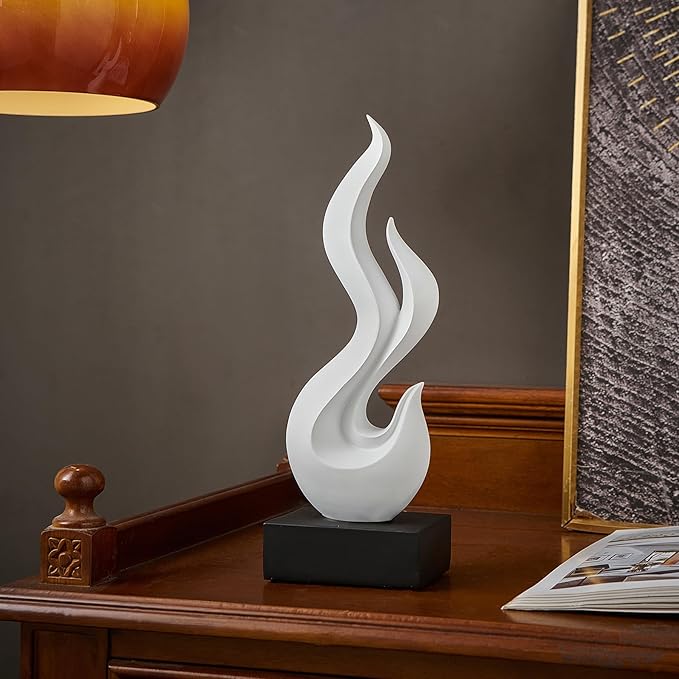 Modern Abstract Art Table Decoration, Gold Decor Flame Statue for Living Room Home, Black Shelf Decor Accents, Abstract Art Resin Sculpture for Dining Room, Office & Coffee Table Centerpiece (White)