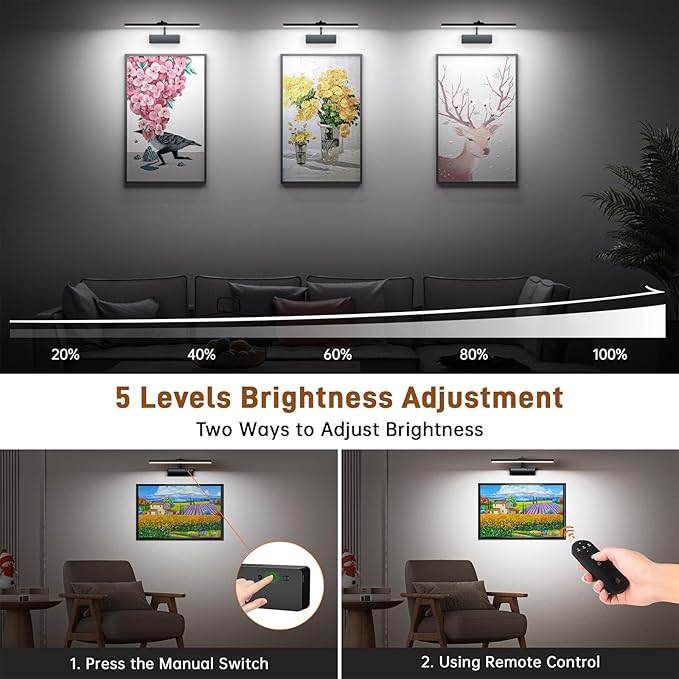 Picture Light, 15.35inch Wireless Picture Lights for Wall Rechargeable, 5400mAh Battery Wall Light with Remote, 3 Color Art Lighting for Paintings with Timer and Dimmable Artwork Display (Black-2PCS)